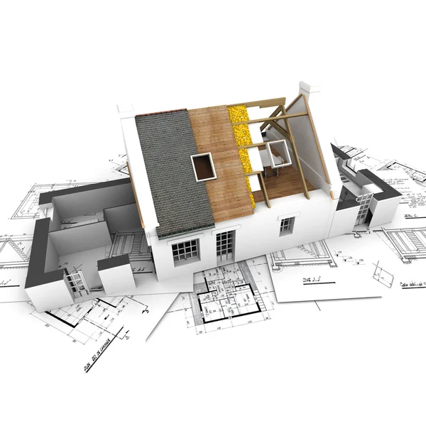 House with exposed roof layers and plans — Stock Photo, Image