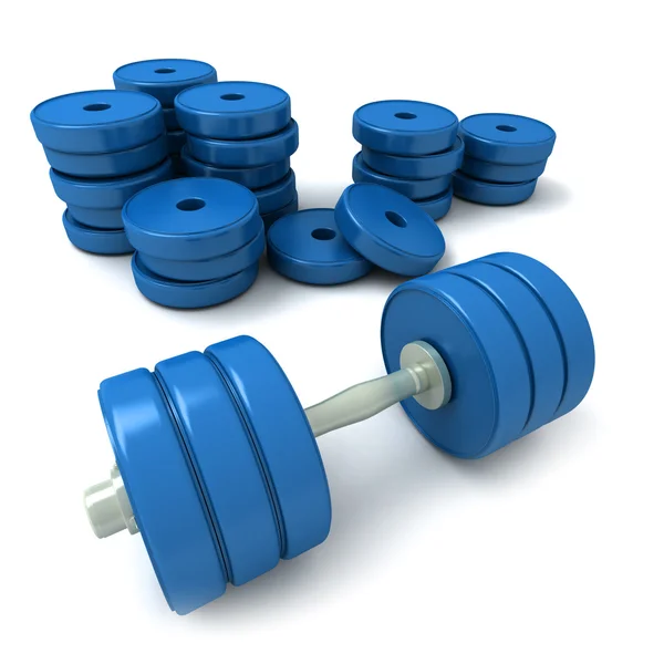 Blauwe halters en heap van gewichten — Stockfoto
