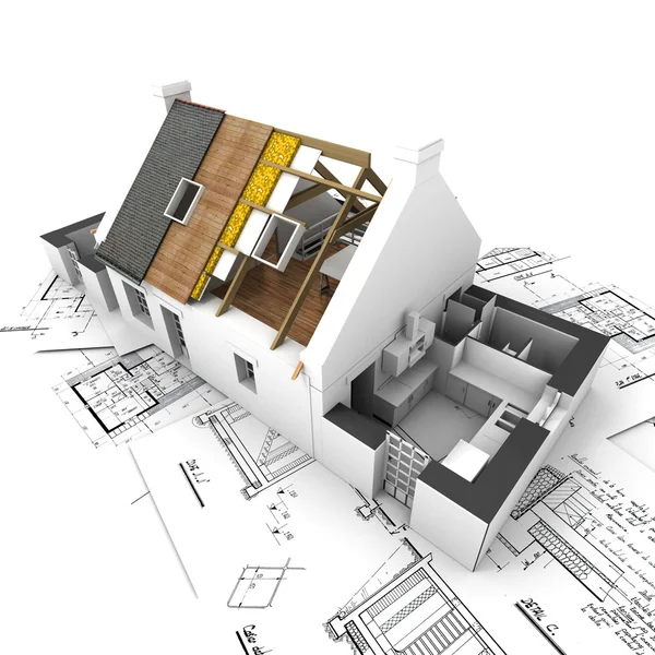 Haus mit freigelegten Dachschichten und Plänen — Stockfoto