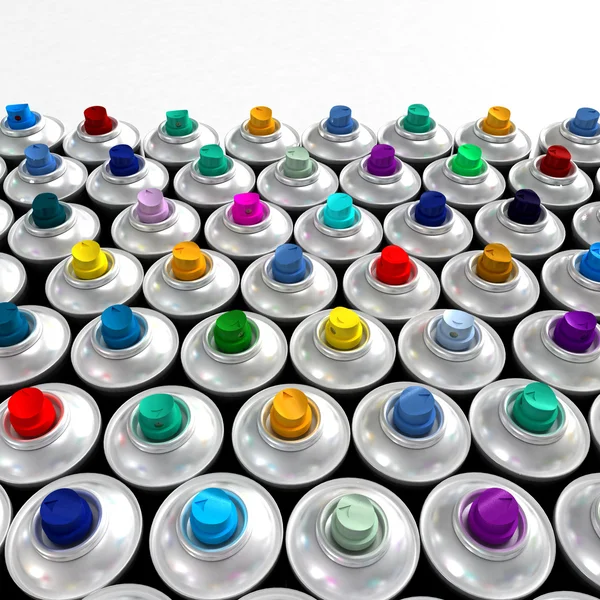 Bicos coloridos de latas de aerossol — Fotografia de Stock