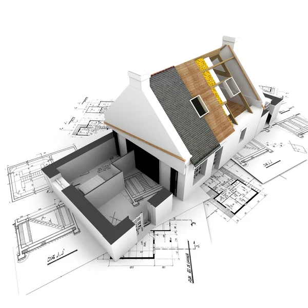 Casa com camadas de telhado expostas e planos — Fotografia de Stock