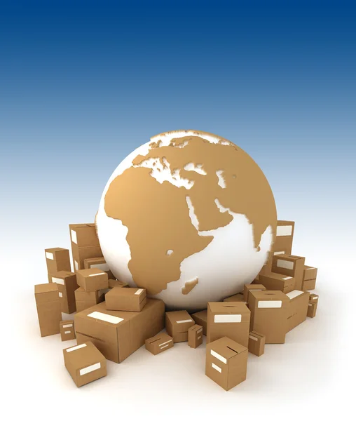 Mundo globo rodeado de paquetes — Foto de Stock
