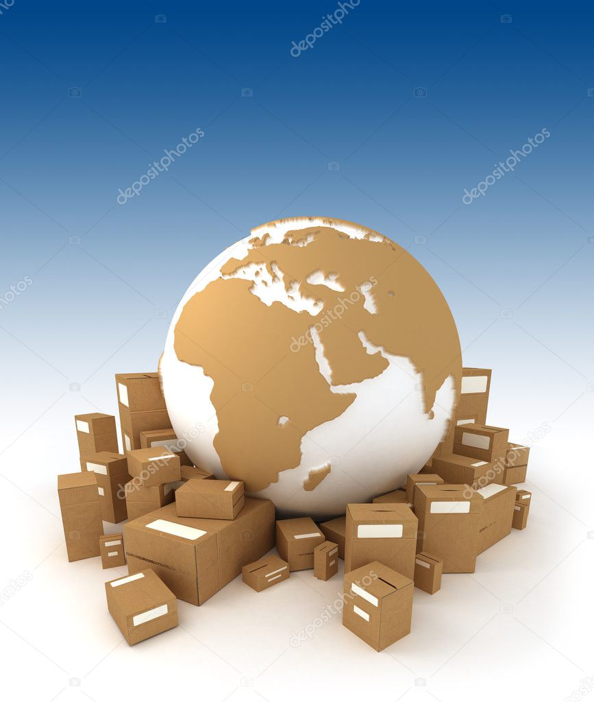 World globe surrounded by packages