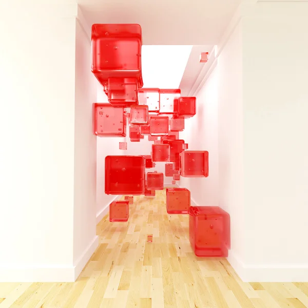 Transparent red cubes in the corridor — Stock Photo, Image