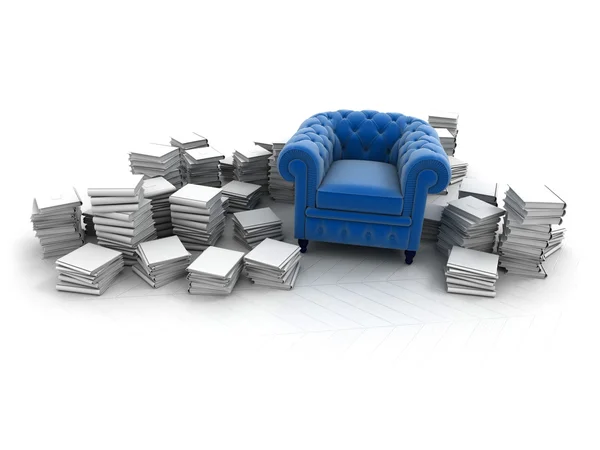 Blauer Sessel und Bücher — Stockfoto