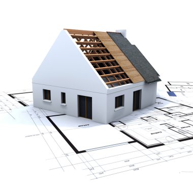 House in construction and blueprints clipart