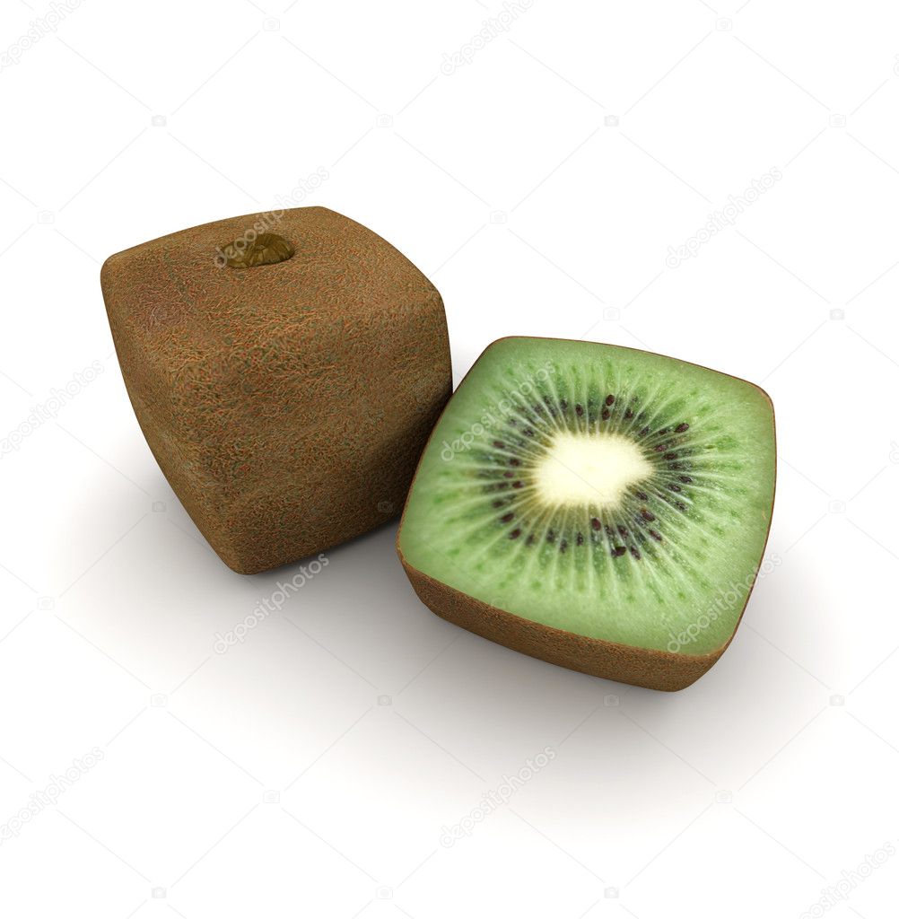 3D rendering of a cubic kiwi and a half