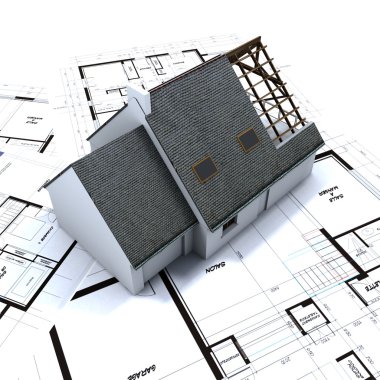 Detached house on architect blueprints clipart