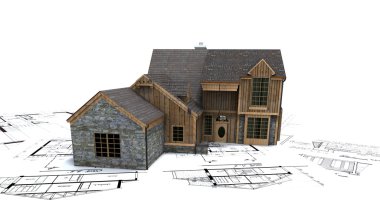 Rustic house and blueprints clipart