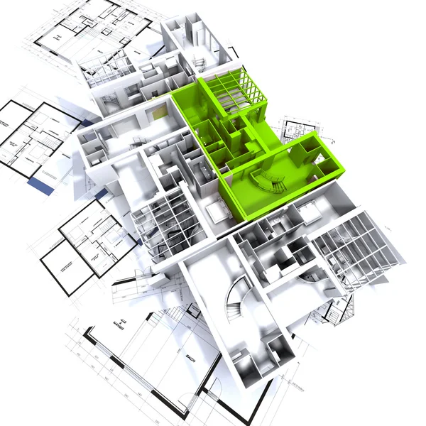 在蓝图上的绿色公寓模型 — 图库照片