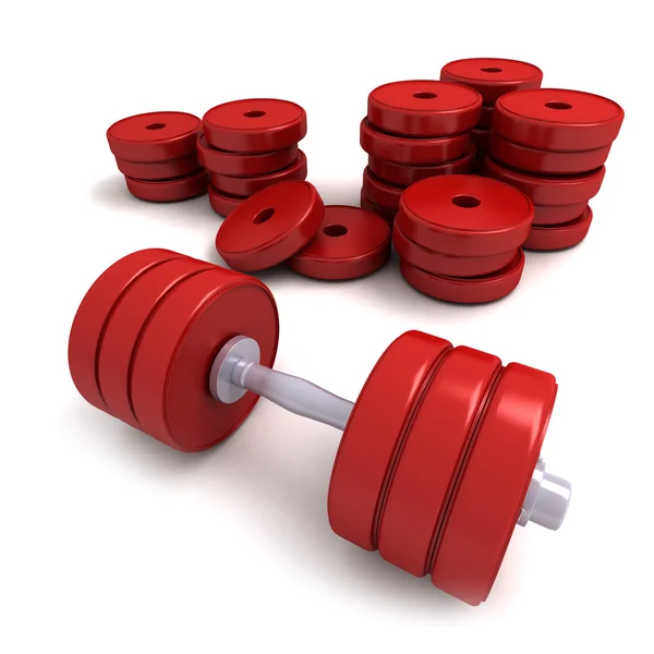 Red dumbbells and heap of weights — Stock Photo, Image