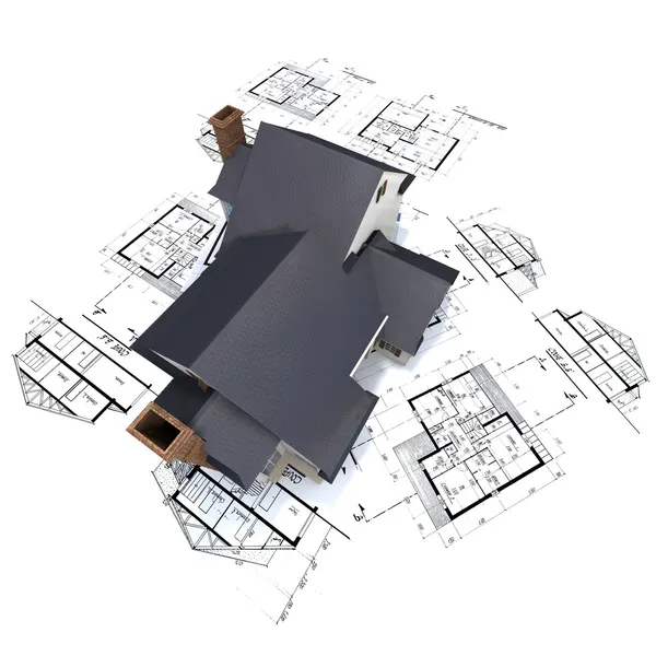 House on top of architect blueprints — Stock Photo, Image