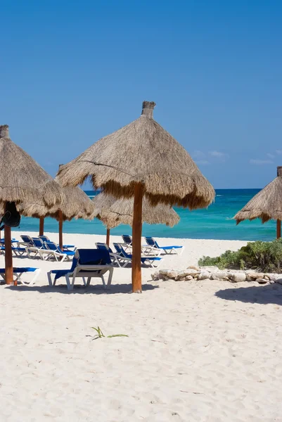 Tropisch strand met palm parasols — Stockfoto