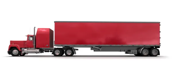 Vista laterale di un grande camion rimorchio rosso — Foto Stock