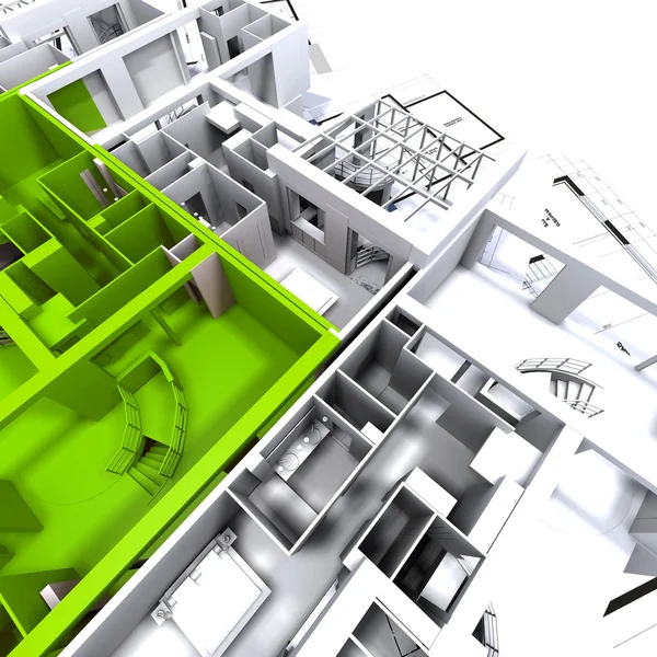 Green apartment mockup on blueprints — Stock Photo, Image