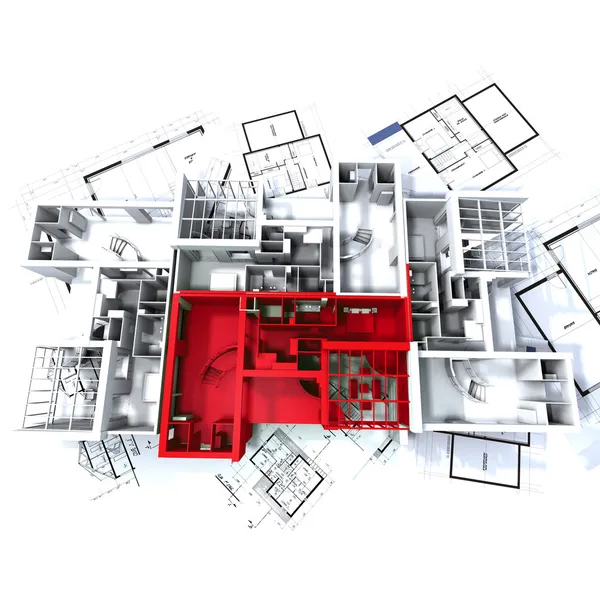 Rote Wohnungsattrappe auf Blaupausen — Stockfoto