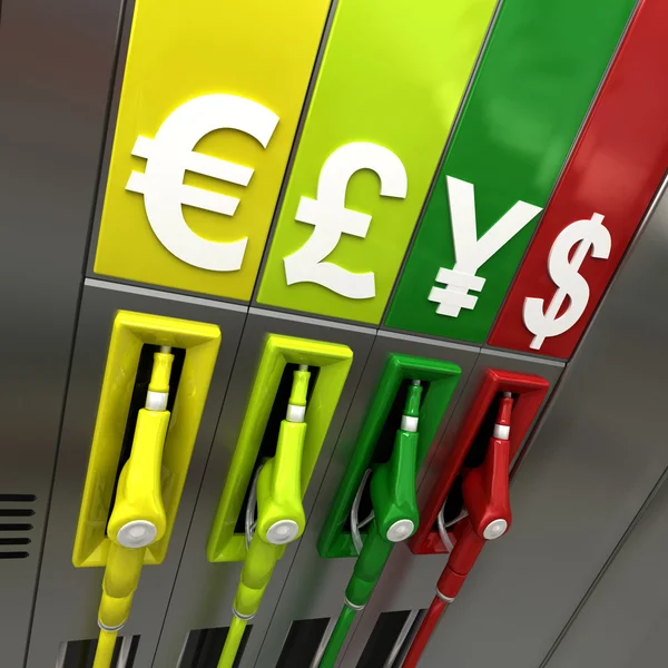 Färgglada bensinpumpar med valutasymboler — Stockfoto