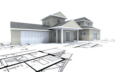 House with garage on blueprints clipart