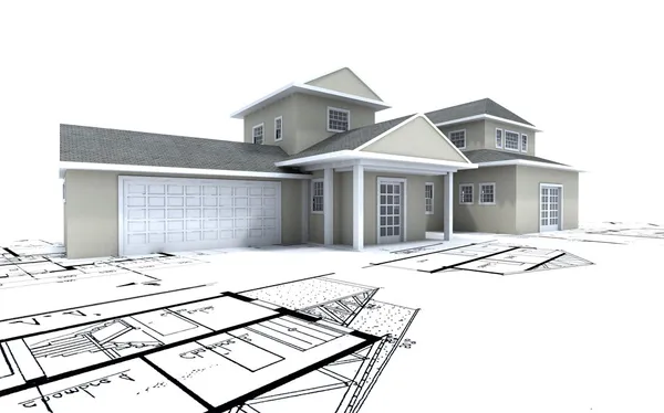 House with garage on blueprints — Stock Photo, Image