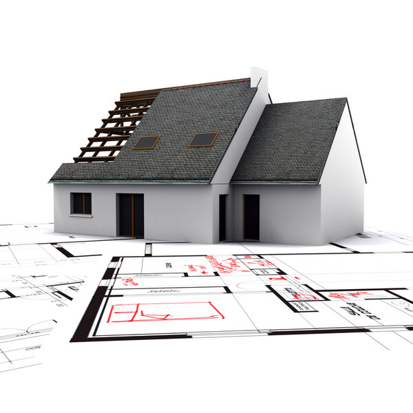 Дом на чертежах с красными поправками
