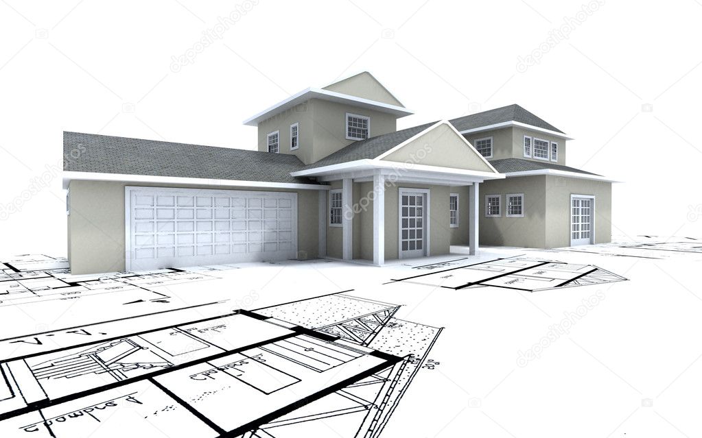 House with garage on blueprints