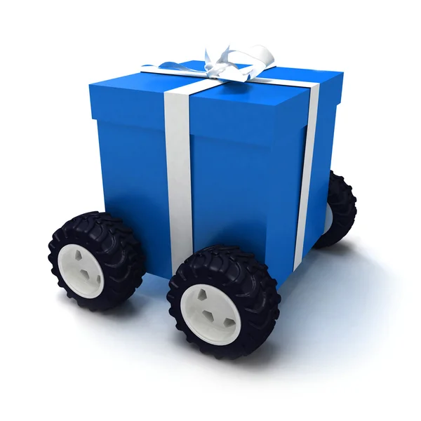 Синий подарок на колесах — стоковое фото