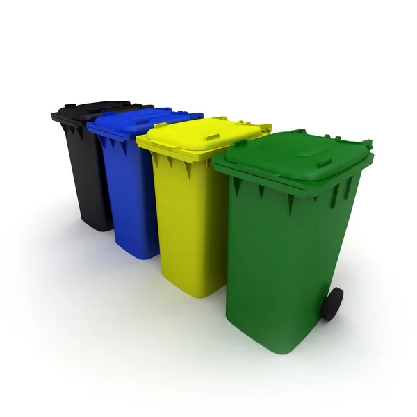 stock image Four plastic recycling bins