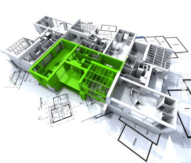 Green apartment mockup on blueprints clipart