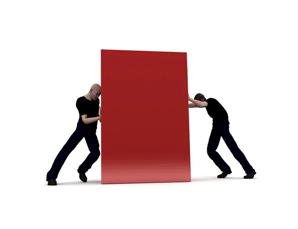 Les hommes poussent un bloc rouge — Photo