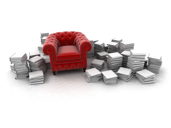 Roter Sessel und Bücher — Stockfoto