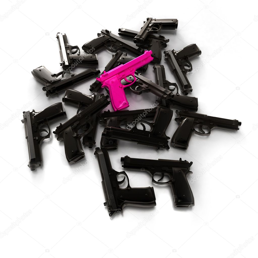 Heap of black guns and a pink one