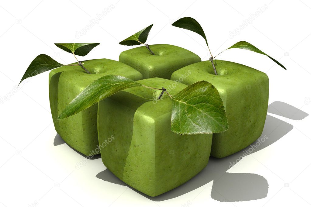 Four cubic granny Smith apples