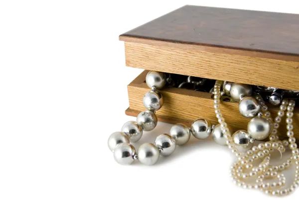 Old box witch beads on white — Stock Photo, Image