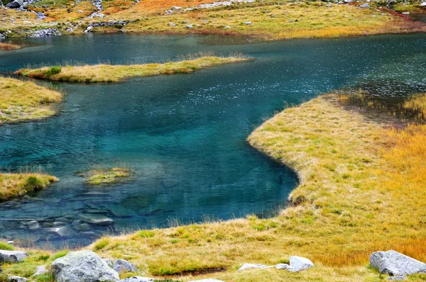 Su ve dağ gölü çimenlerde şekiller — Stok fotoğraf