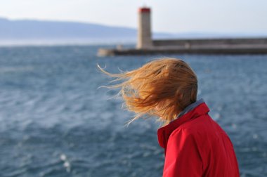 Woman looking at the sea on a windy day clipart