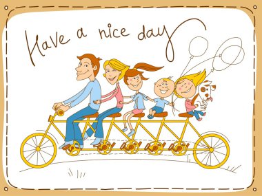 Happy family riding a tandem bicycle clipart
