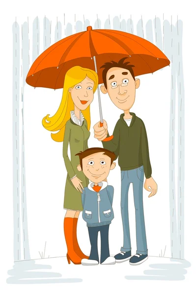 Familia feliz con paraguas bajo la lluvia — Vector de stock