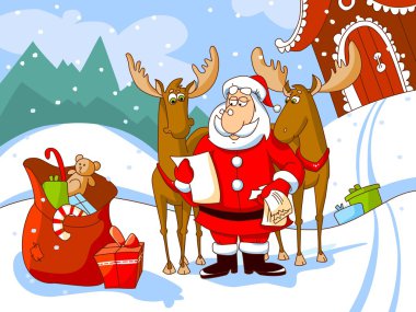 Santa Claus with deers reads a letter clipart