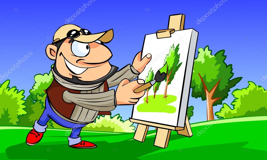 Vector image of a funny cartoon artist drawing at open air in park
