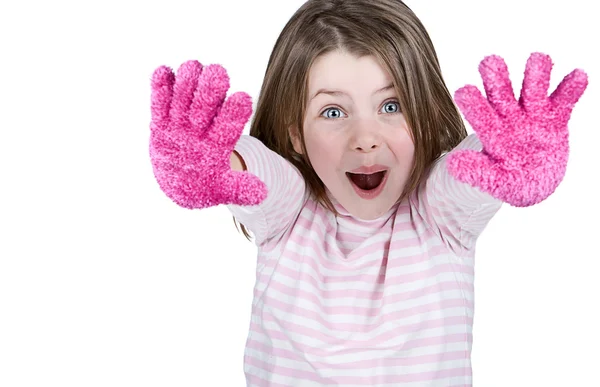 Χαριτωμένο παιδί με ροζ γάντια — Φωτογραφία Αρχείου