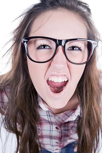 Roztomilá brunetka dospívající geek — Stock fotografie