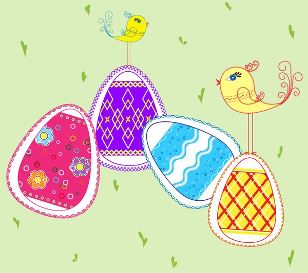 Uova di Pasqua e piccoli uccelli — Vettoriale Stock