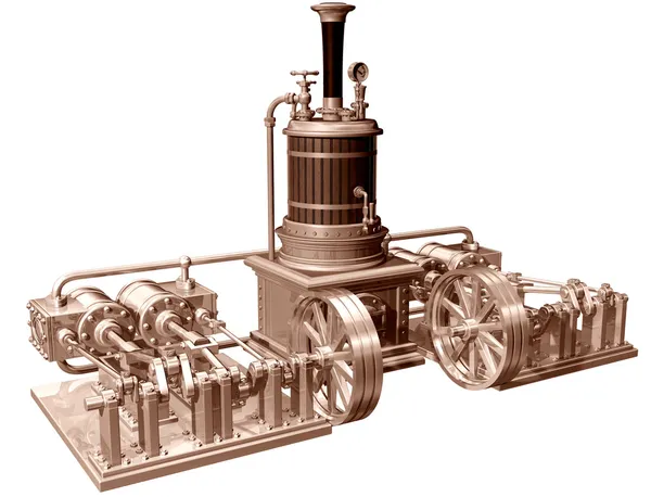 4 つのシリンダー蒸気機関およびボイラー — ストック写真