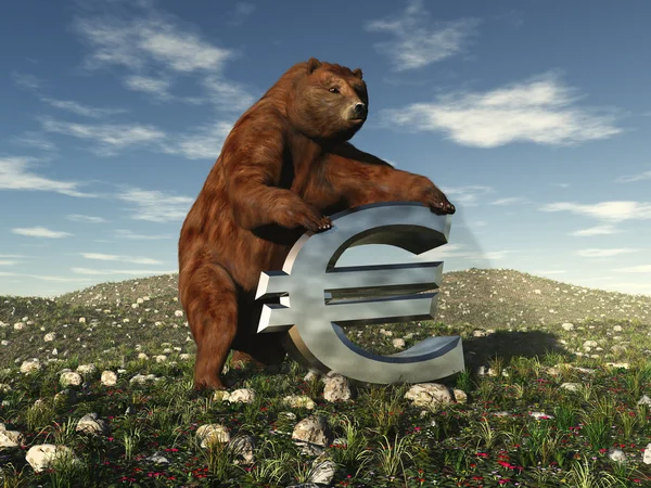 Um urso encostado a um sinal de Euro — Fotografia de Stock