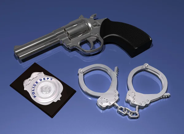 Distintivo da polícia, arma e algemas — Fotografia de Stock
