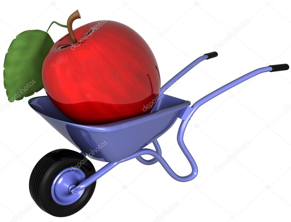 Giant apple in a wheelbarrow