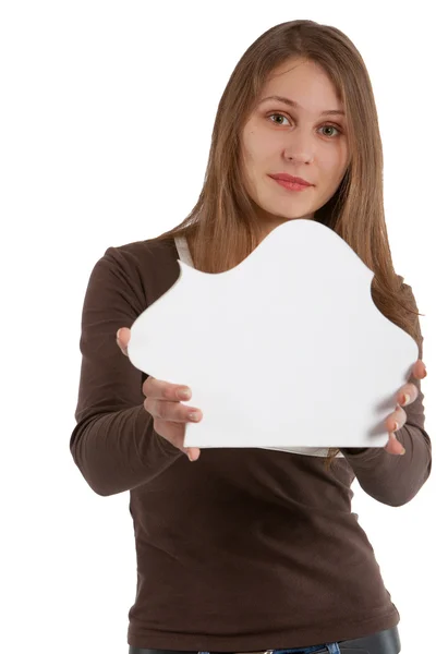 Woman exposing puzzle card — Stock Photo, Image