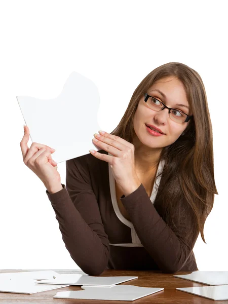 Woman exposing puzzle card — Stock Photo, Image