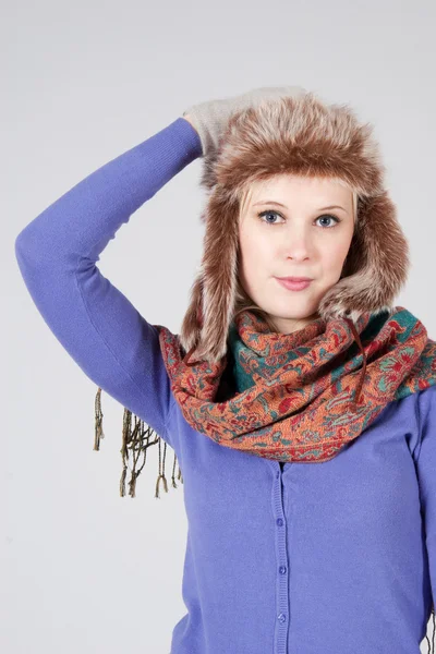 Woman with fur hat — Zdjęcie stockowe