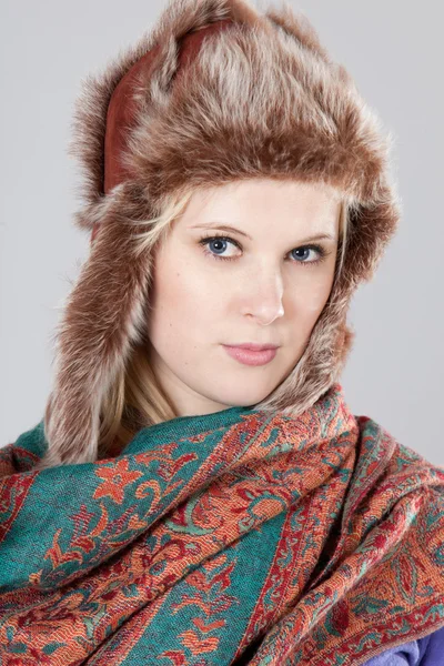 Woman with fur hat — Zdjęcie stockowe